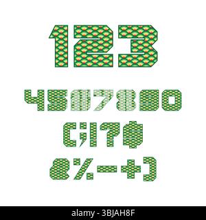Carattere, numeri e segni con scale di pesce giapponesi. Oggetti vettoriali isolati su sfondo bianco. Illustrazione Vettoriale