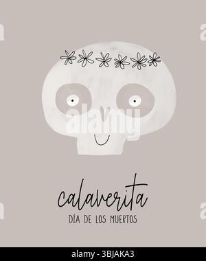 Divertente stampa di Halloween con Calaverita. Halloween Hand Drawn Vector Illustration with cute Skull in Floral Wreath. Happy Skull su sfondo grigio. Illustrazione Vettoriale