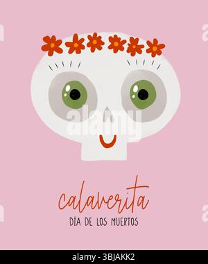 Stampa Halloween rosa con Calaverita. Halloween Hand Drawn Vector Illustration with cute Skull in Floral Wreath. Dia de los Muertos - il giorno dei morti. Illustrazione Vettoriale