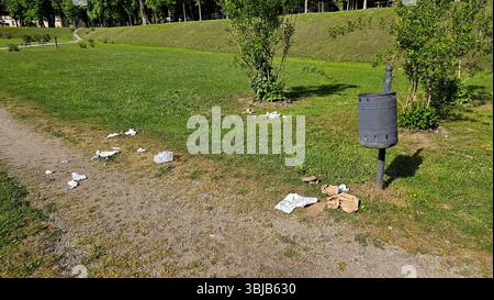 Il sentiero del parco con rifiuti sparsi e traboccanti si erge su erba verde, circondato da arbusti e alberi, evidenziando l'abbandono ambientale Foto Stock
