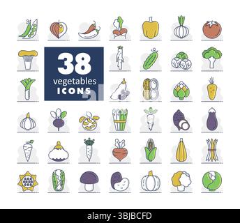 Set di icone vettoriali isolate per verdure. Simbolo grafico per il sito Web di cibi e bevande, progettazione di app, app mobili e supporti di stampa, logo, interfaccia utente Illustrazione Vettoriale
