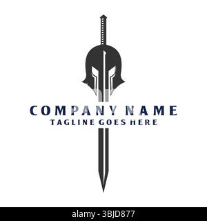 Guerriero greco Sparta con elmetto romano spartano con logo spada a lama vettoriale Illustrazione Vettoriale