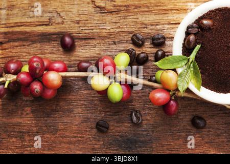 Background del caffè del commercio equo e solidale. Cofffea frutta, foglie, chicchi di caffè tostati dall'alto su sfondo di legno Foto Stock