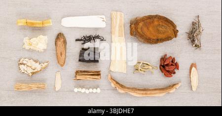 Ingredienti tradizionali cinesi a base di erbe utilizzati nella medicina a base di erbe alternativa Foto Stock
