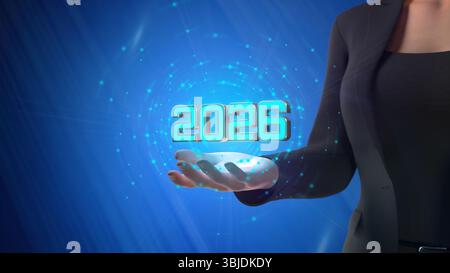Nuovo anno 2026 il concetto di design creativo con i numeri è fluttuante nel palmo della mano - immagine con rendering 3D. Foto Stock