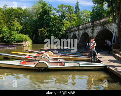 Escursioni sul fiume Cherwell presso il Maddalen Bridge di Oxford. Quest'area del fiume Cherwell presso il Magdalen Bridge è un luogo preferito per fare un giro in barca Foto Stock