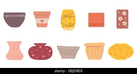 Set di vasi disegnati a mano per piante. Collezione di vasi per fiori. Illustrazione Vettoriale