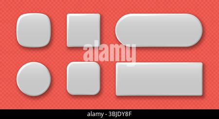 Set di bottoni geometrici bianchi di forme quadrate rotonde e rettangolari con ombre. Illustrazione vettoriale 3D. Illustrazione Vettoriale