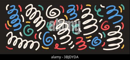 Sfondo multicolore con linee ondulate di scoiattolo in pastello. Set di coriandoli a spirale astratti per feste. Le feste di compleanno curve sfoggiano la decorazione su bd scuro. Illustrazione Vettoriale