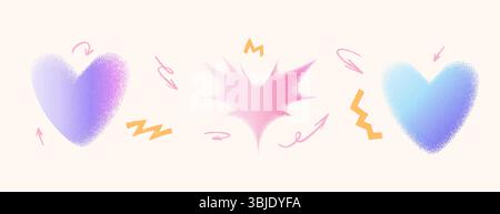 Set di forme cuori con sfumatura di colore grana. La datazione rétro Y2K forma icone isolate su sfondo beige. Effetto trendy con texture a puntini sfocati. VEC Illustrazione Vettoriale