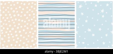 Graziosi motivi geometrici astratti vettoriali.semplice design infantile irregolare senza fine con macchie, linee e stelle su sfondo beige e blu. Illustrazione Vettoriale