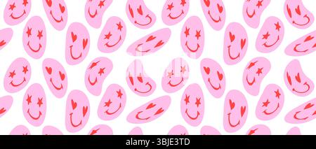 Elegante motivo vettoriale senza cuciture con emoticon floreali intrecciati rosa-rosso chiaro su sfondo bianco. Modello a doodle astratto stile Y2K semplice. Illustrazione Vettoriale
