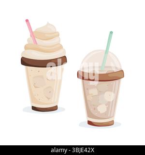 Illustrazione vettoriale delle bevande a base di caffè ghiacciato in tazze di plastica Illustrazione Vettoriale