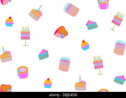 Fantasia vettoriale colorata senza cuciture con torte di compleanno e Cupcake su sfondo bianco. Graziosa stampa irregolare Endless con dessert disegnati a mano. Illustrazione Vettoriale