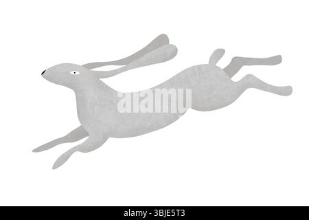 Carino Gray Rabbit Jumping felicemente. Divertente Gray Bunny su sfondo bianco. Easter Vector Card con Happy Happy Hand Drawn Rabbit. Adorabile Lepre di corsa. Illustrazione Vettoriale