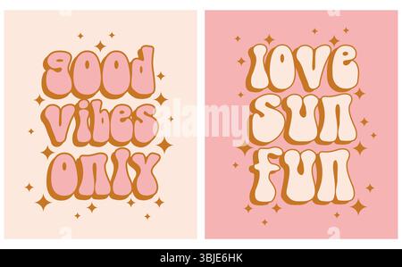 Divertenti stampe in stile Vector anni '70 con scritte in stile retro. Stampe in stile hippie. Illustrazione Vettoriale