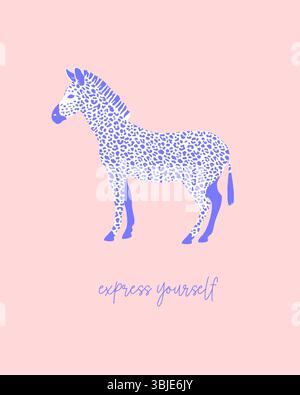 Illustrazione vettoriale di Zebra bianco-viola.Zebra disegnata a mano con stampa leopardata, su sfondo rosa pastello. Animale da safari. Animale africano. Illustrazione Vettoriale