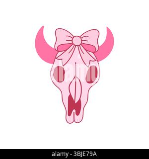 Teschio di mucca rosa stilizzato con grande fiocco sulla parte superiore. Interpretazione femminile dei simboli del deserto occidentale, illustrazione grafica piatta. Illustrazione Vettoriale