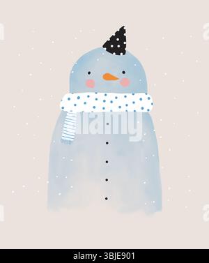 Carino pupazzo di neve disegnato a mano. Vacanze invernali illustrazione vettoriale di pupazzo di neve. Divertente Nursery Art Grazioso Blue Snowman isolato su sfondo beige. Illustrazione Vettoriale