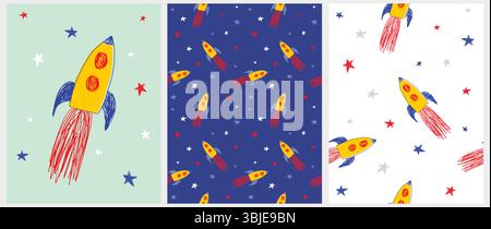 Illustrazione vettoriale dei razzi gialli e motivi senza cuciture. Veicoli spaziali, Luna e stelle. Adorabile decorazione vettoriale Space Party in stile disegno infantile. Illustrazione Vettoriale