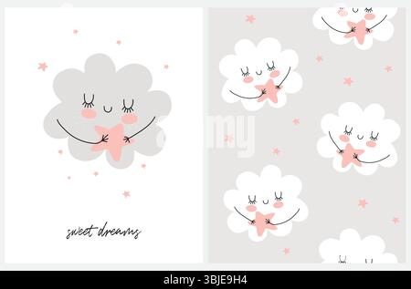 Tessera nursery e fantasia vettoriale senza cuciture con graziose nuvole e stelle disegnate a mano. Divertente stampa sostituibile con nuvole bianche su sfondo grigio. Illustrazione Vettoriale
