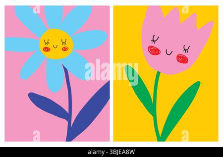 Carino illustrazione vettoriale del vivaio disegnato a mano di fiori sorridenti. Arte in stile infantile con divertente fiore blu e rosa su sfondo rosa e giallo. Illustrazione Vettoriale