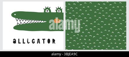 Divertente disegno infantile di Big Green Alligator su sfondo bianco. Schema vettoriale senza cuciture disegnato a mano verde con macchie. Cool Nursery Art con Croc. Illustrazione Vettoriale
