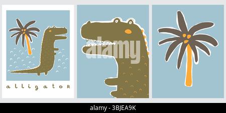 Disegni divertenti in stile infantile con Big Green Alligator e Palm Tree. Graziosa illustrazione vettoriale disegnata a mano con coccodrillo. Cool Nursery Art con Croc. Illustrazione Vettoriale