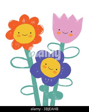 Carino stampa di fiori sorridenti. Illustrazione vettoriale disegnata a mano in stile Kawaii con fiori rossi, blu e rosa. Felice giardino. Adorabile vivaio floreale art Illustrazione Vettoriale