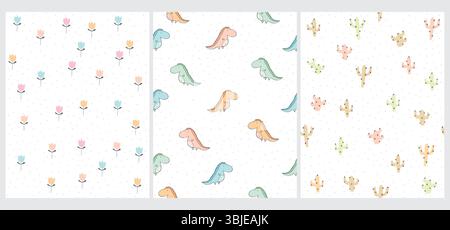 Motivo vettoriale senza cuciture con Dinos blu, rosa e verde. Cactus colorati su sfondo bianco. Semplice stampa floreale infantile con piccoli fiori. Illustrazione Vettoriale