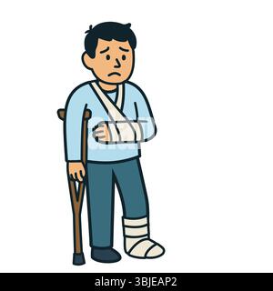 Persona ferita che utilizza stampelle e bendaggio per braccia Illustrazione Vettoriale