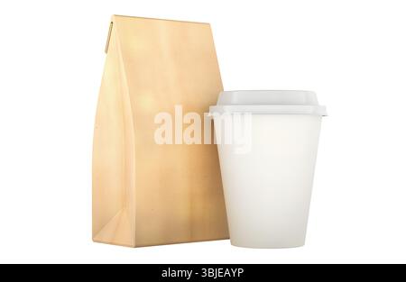 Tazza di carta da caffè da asporto con coperchio in plastica e sacchetto di carta kraft marrone, set di imballaggio monouso. Rendering 3D isolato su sfondo bianco Foto Stock