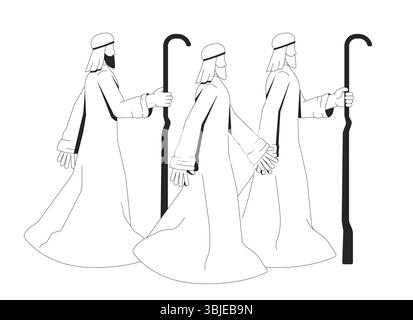 Tre pastori in un viaggio biblico in personaggi biblici in 2D della storia della natività Illustrazione Vettoriale