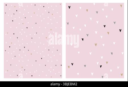 Graziosi motivi vettoriali irregolari disegnati a mano. Cuori bianco, nero, grigio e oro su sfondo rosa chiaro. Motivo infantile con cuori. Illustrazione Vettoriale