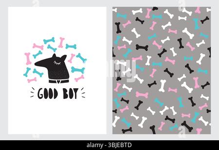 Bravo ragazzo. Funny Black Dog in a Pink and Blue Bone Wreath isolato su sfondo bianco. Pattern vettoriale senza giunture con ossa su sfondo grigio. Illustrazione Vettoriale