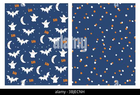 Carini motivi di Halloween disegnati a mano. Funny White Ghost, Happy Moon e Smiling Bats su sfondo blu scuro. Motivo senza cuciture punteggiato irregolare. Illustrazione Vettoriale