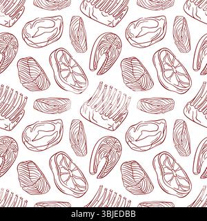 Motivo senza cuciture con pezzi di carne e pesce in stile line art, bistecche, costolette e salmone su sfondo bianco. Perfetto per il confezionamento in macelleria Illustrazione Vettoriale