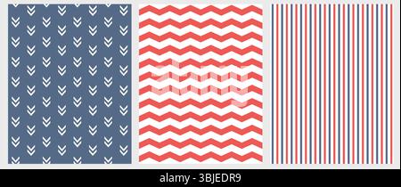 Set di 3 ripetizioni vettoriali geometriche continue. Freccia rossa su sfondo bianco. Strisce verticali rosse e blu su sfondo bianco. Illustrazione Vettoriale