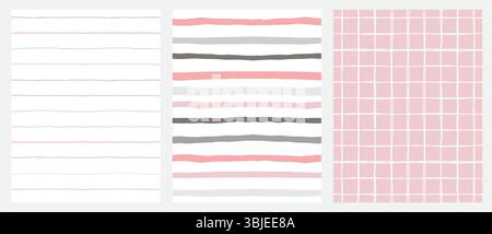 Motivi geometrici irregolari disegnati a mano con griglia e linee su sfondo bianco e rosa. Fantasie senza cuciture astratte infantili con strisce. Illustrazione Vettoriale