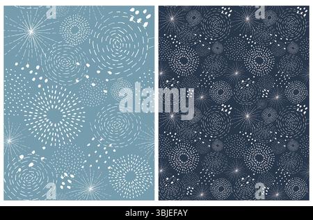 Modelli vettoriali di Fireworks astratti. Elementi geometrici disegnati a mano bianchi isolati su sfondo blu pallido e blu navy. Semplice motivo per bambini. Illustrazione Vettoriale