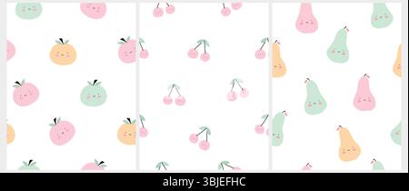 Simpatici motivi vettoriali senza cuciture di frutta sorridente. Ciliegie, pere e mele in stile Kawaii isolate su sfondo bianco. Divertente motivo infantile con frutta Illustrazione Vettoriale