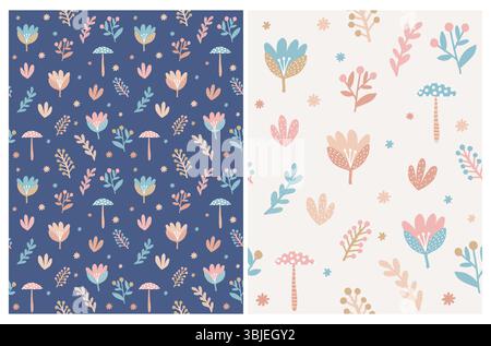 Simpatici motivi vettoriali astratti con motivi floreali senza cuciture, con Twig, fiori e funghi disegnati a mano su sfondo beige e blu scuro. Stampa da giardino autunnale. Illustrazione Vettoriale