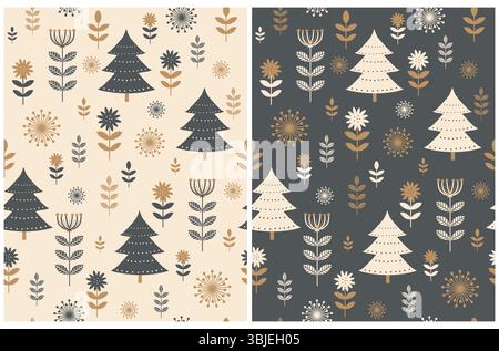 Set di fantasie vettoriali senza cuciture per le festività natalizie. Stampa invernale in stile scandinavo. Motivo natalizio in stile rustico con alberi e fiori. Illustrazione Vettoriale