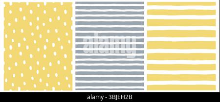 Set di motivi vettoriali senza cuciture geometrici irregolari. Macchie e strisce disegnate a mano bianche isolate su uno sfondo grigio estremo e giallo illuminante. Illustrazione Vettoriale