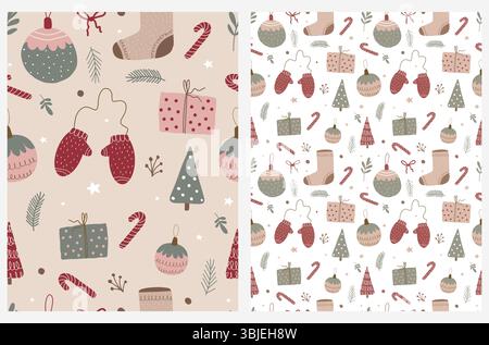 Fantasie vettoriali senza cuciture natalizie. Alberi di Natale, stivali di Babbo Natale, Twigs, guanti in lana, confezione regalo, stelle e baule su sfondo bianco e beige. Illustrazione Vettoriale