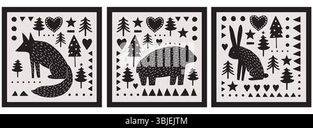 Buon Natale Vector Card. Woodland Art in stile scandinavo con alberi, stelle, cuore, punti, volpe, orso, coniglio su sfondo nero e beige. Illustrazione Vettoriale