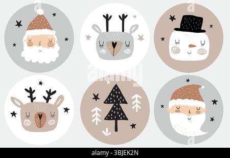 Simpatici adesivi Vector per la festa di Natale. Tag per feste a forma tonda con pupazzo di neve, cervo, Babbo Natale e alberi. Dolci natalizi invernali in stile infantile. Illustrazione Vettoriale