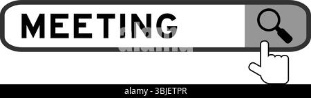 Cerca banner in Word Meeting con l'icona della lente di ingrandimento a mano su sfondo bianco Illustrazione Vettoriale