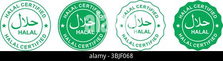 Halal rotondo con logo Vector. Icona delle etichette degli alimenti Halal. Emblema del prodotto arabo, logo Halal illustrazione del vettore verde. Icona Halal Food certificata. Illustrazione Vettoriale