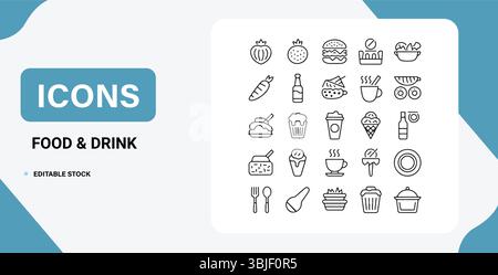 Set icone minimali per alimenti e bevande – pacchetto vettoriale modificabile Illustrazione Vettoriale